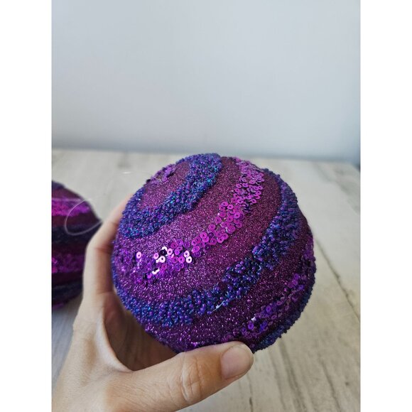 Purple sequin stripe beaded large ornament unique set Xmas tree - Picture 4 of 6